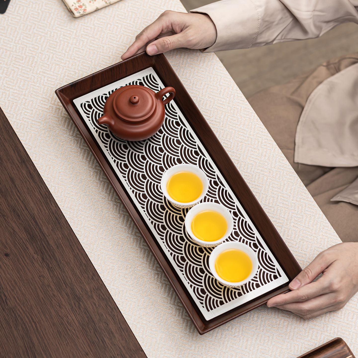 木纹密胺合金茶盘功夫茶具配件干泡茶盘家用户外小型蓄水式茶盘