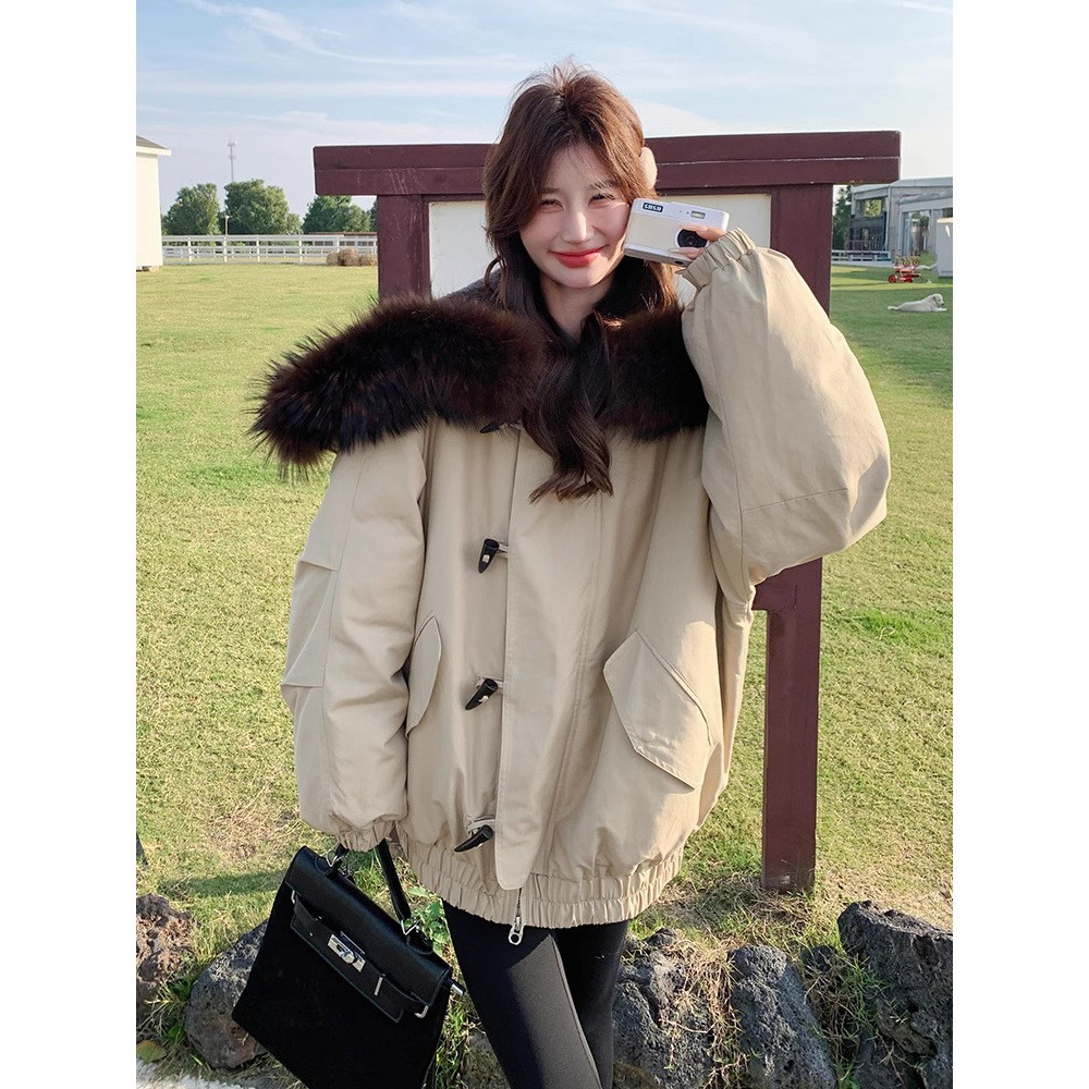 2707 #   디자인감 있는 대형 퍼 칼라 혼버튼 파카 다운 재킷 겨울 신상 라펠 화이트 덕다운 숏 재킷