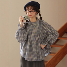 日系穿搭女装百搭文艺休闲格子立领衬衫女高级感宽松懒惰风上衣