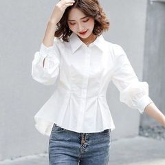 不规则白色衬衫泡泡袖上衣法式设计感长袖女秋款2025韩版时尚衬衣