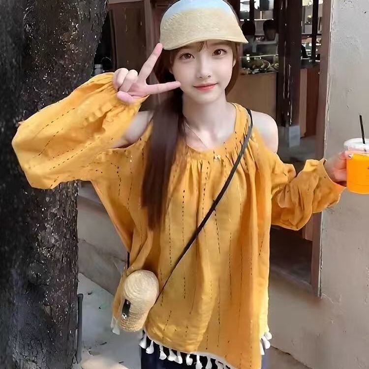 Stylish Yellow Tassel Off-Shoulder Shirt for Women, New Spring and Autumn Style, Loose Fit, Slimming, Colorful Striped Top, Direct from the Factory Stylish Yellow Tassel Off-Shoulder Shirt for Women, New Spring and Autumn Style, Loose Fit, Slimming, Colorful Striped Top, Direct from the Factory