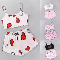 国境を越えた欧米の薄い袖のベストのストラップの上着の半ズボンの家の服の2つのセットのパジャマの女性pajamas