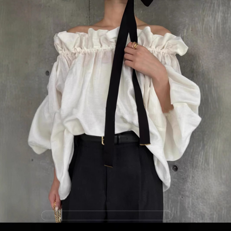 Dry Crane Day Spring and Summer Retro Age-reducing Lotus Leaf off-shoulder Collar Two-wear Top Loose Slimming Casual Semi-transparent Shirt