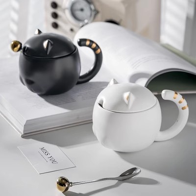卡通貓咪陶瓷杯高顏值帶蓋子勺子浮雕黑色創意馬克杯個性情侶水杯
