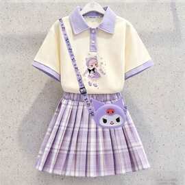 女童夏季短裙套装2026新款库洛米翻领POLO衫短袖制服中大童百褶裙