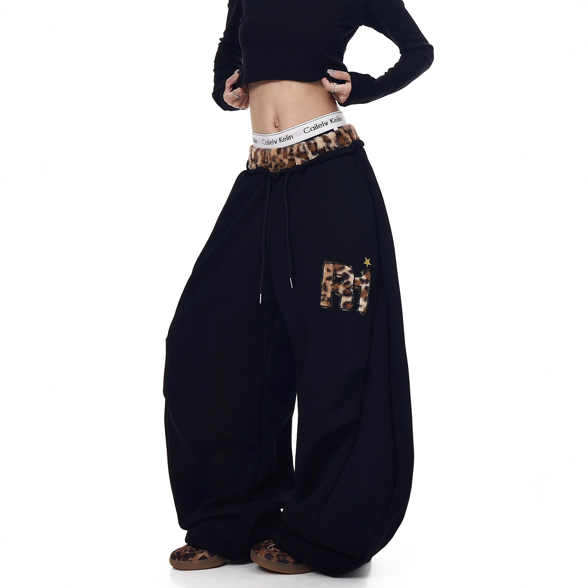 Vintage Plush Leopard Print Embroidered Patchwork Wide-Leg Sweatpants for Women, Loose Casual Hip-Hop Jazz Dance Scimitar Pants