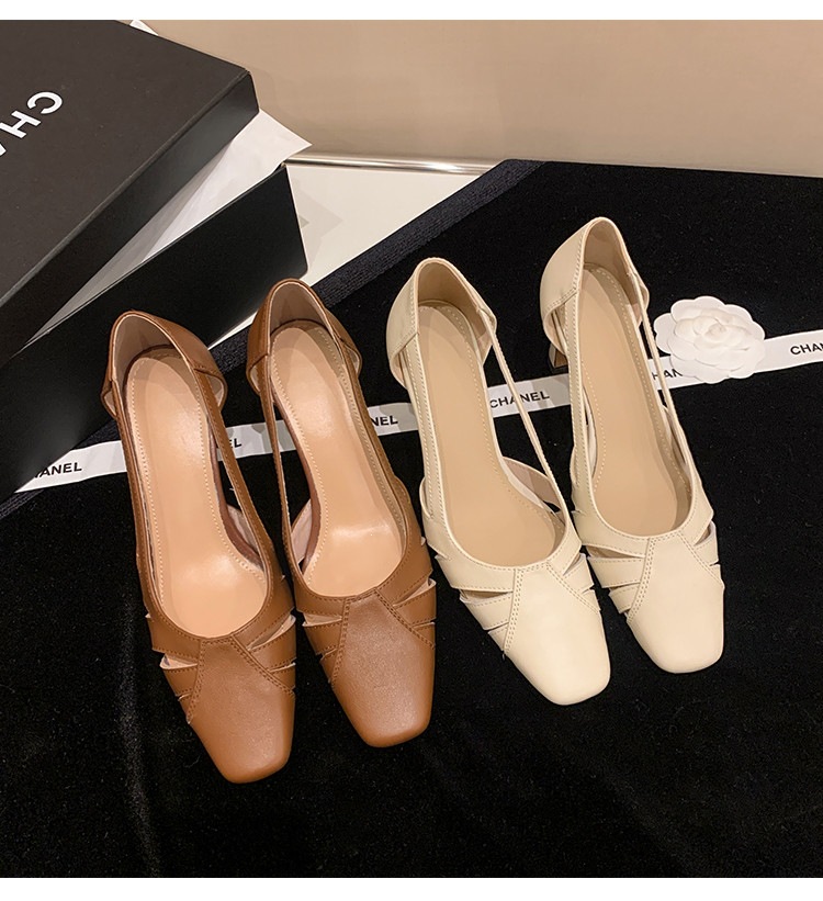 Giày cao gót nữ da thật mũi vuông nhỏ, gót cao 9 cm, phong cách thời trang xuân hè — màu nâu, màu trắng ngà chi tiết 36