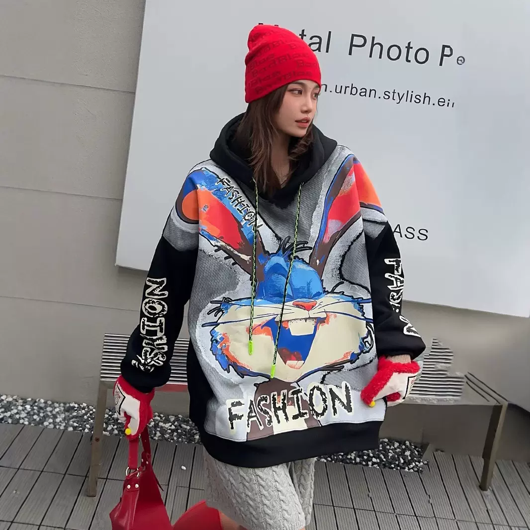 加绒加厚大码重工涂鸦大兔子连帽卫衣女中长款休闲帽衫女冬季3133