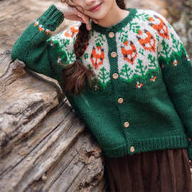 时尚新款秋冬季加厚提花开衫宽松显瘦费尔岛长袖森系复古针织开衫