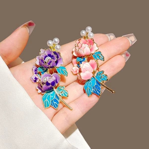 Chinese Style Elegant Enamel Peony Flower Brooch Retro Painted Flower Pin Corsage Suit Lapel Clothing Accessories