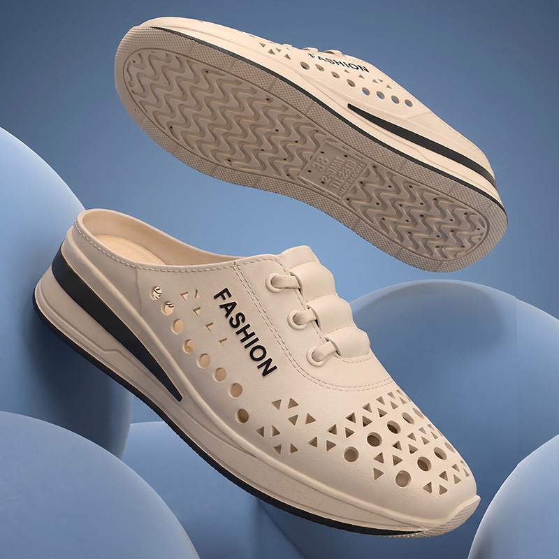 New flat-soled non-slip closed-toe slippers for middle-aged mothers, faux leather wedge heel clogs for women to wear outside