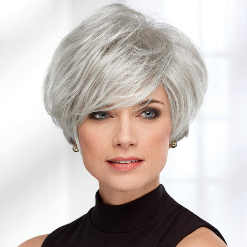 European and American White Women's Wigs Silver Gray Short Hair Wigs Cross-Border Chemical Fiber Wigs Short Straight Hair Spot Wholesale