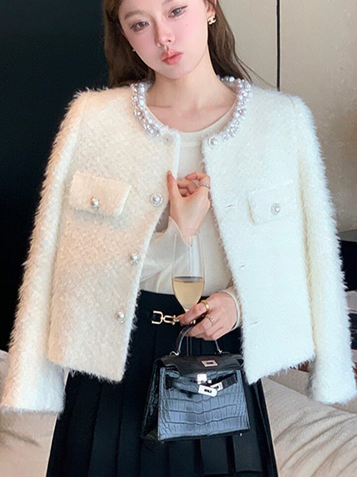 Áo khoác nữ dáng cardigan dày cổ tròn viền ngọc trai phong cách thanh lịch — Kiểu dáng thông thường màu trắng ngọc trai, Kiểu chần bông màu trắng ngọc trai