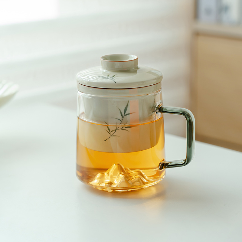 纯手绘筱竹玻璃办公杯带盖过滤单个泡茶杯大容量茶水分离杯子