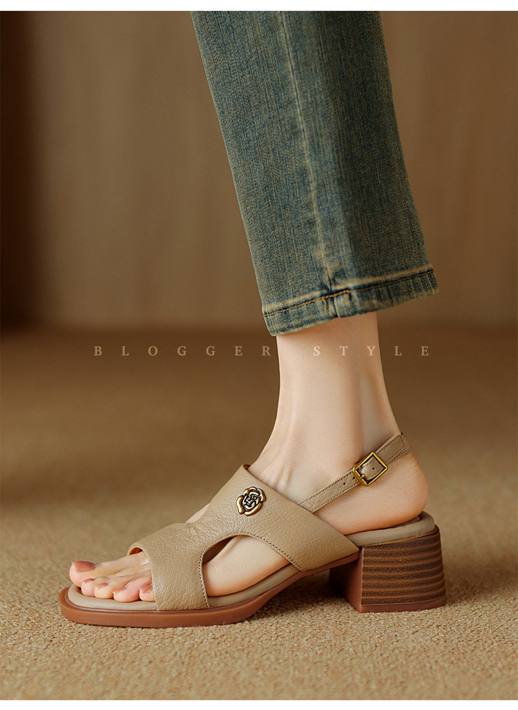 Sandal hở ngón da cừu gót thô đầu vuông quai ngang kiểu La Mã — Màu trắng be chi tiết 5