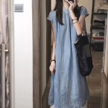 高品质新中式国风蓝色短袖旗袍裙女夏季新款温柔复古宽松长款连衣