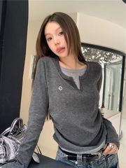 2024长袖T恤女春秋薄款修身假两件打底衫圆领上衣韩版女装潮