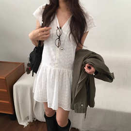 韩国chic春季新款小白裙女装法式复古蕾丝刺绣叠搭百搭甜美连衣裙