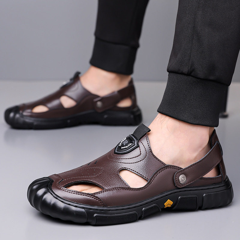 Giày sandal nam cỡ lớn mùa hè kiểu lười khoét lỗ đế mềm xỏ chân — Màu nâu, màu đen