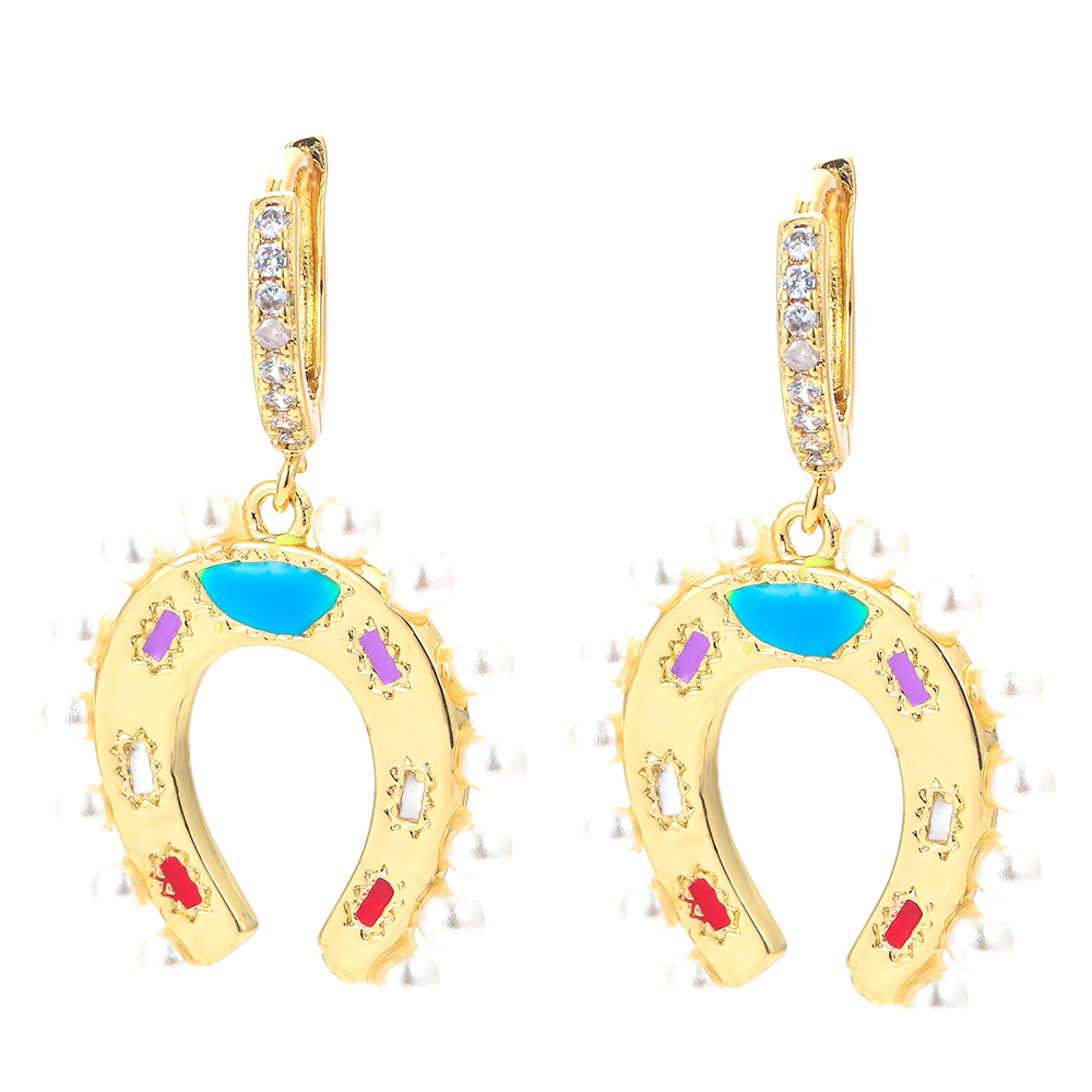 10g Weight Electroplating Gold Plating Process Geometric U-shaped Horseshoe Copper Inlaid Zircon Colorful Oil Earrings
