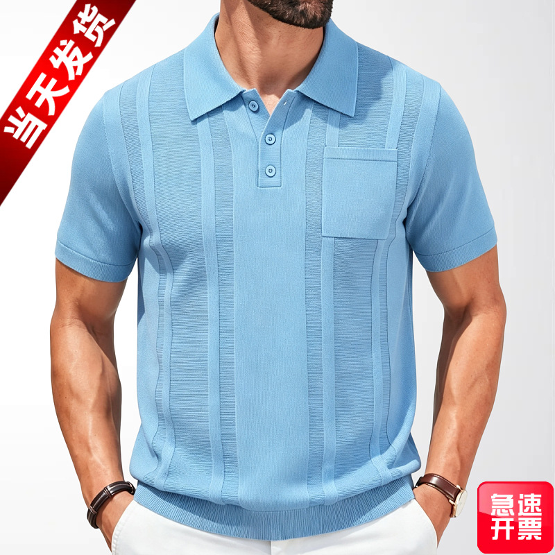 Cross-Border Men's Polo Shirt, Foreign Trade Men's Clothing, Summer Solid Color Short-Sleeve Ribbed Commuter Style Pullover Knit Shirt Sy0040