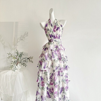 French Resort-Style Printed Halter-Neck Chiffon Tiered Long Dress for Women, V-Neck Dress, Ankle-Length, Extra-Long Style