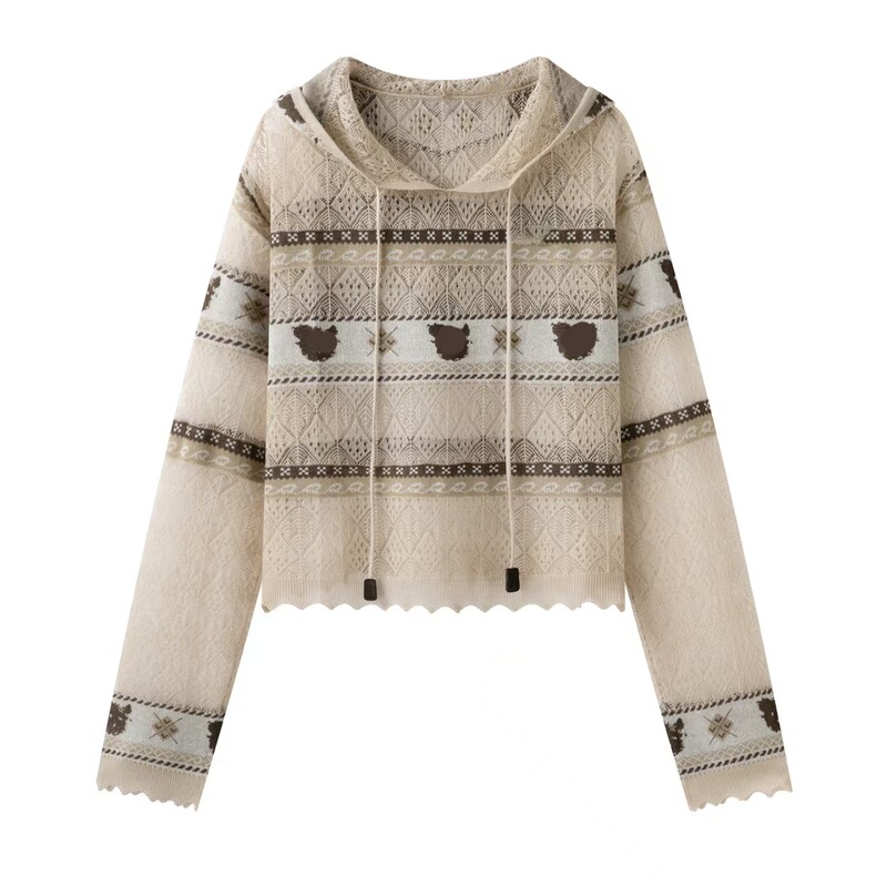 In stock, 2026 autumn new designer model, Fair Isle style bear jacquard hooded knit sweater RK70601562