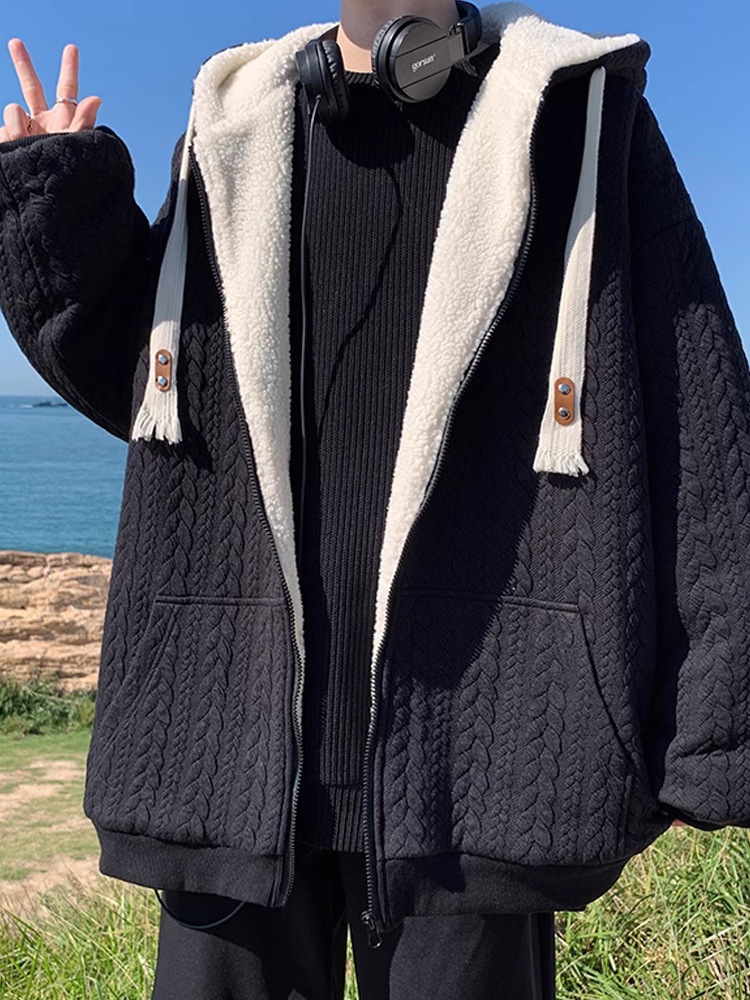 Principios de otoño 2025 nuevo estilo con capucha primavera y otoño gris principios de otoño chaqueta de suéter de estilo perezoso chaqueta de hombre cárdigan con cremallera