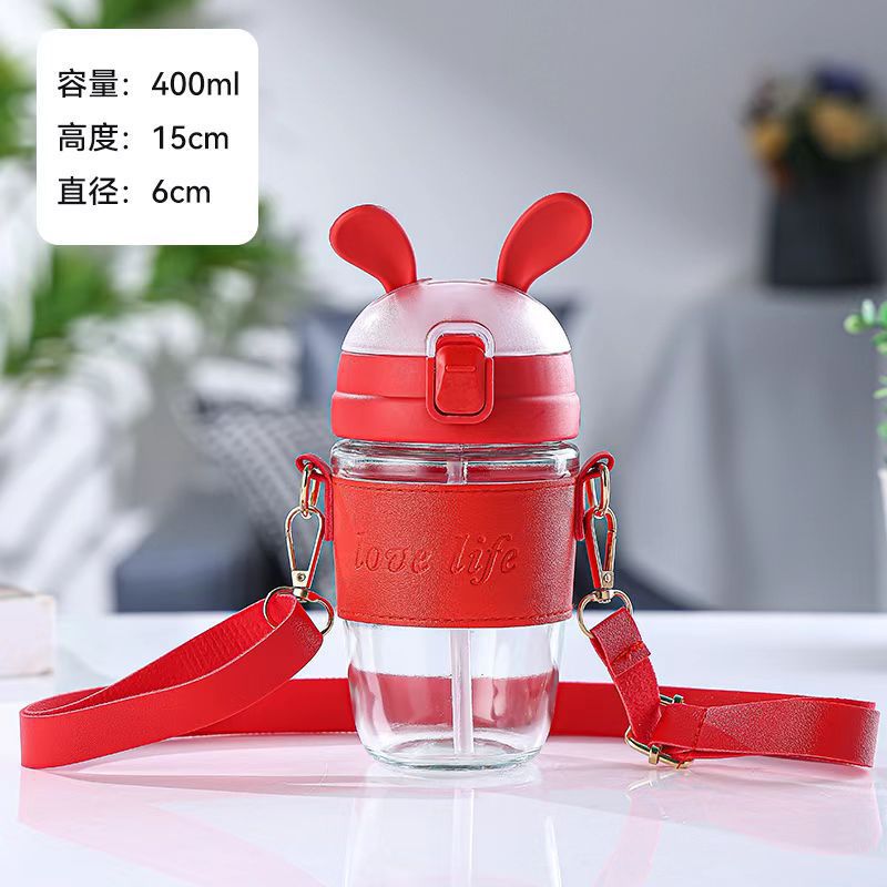 網紅萌兔玻璃透明水杯兔子杯奶茶杯提繩咖啡杯卡通雙飲杯禮品杯子