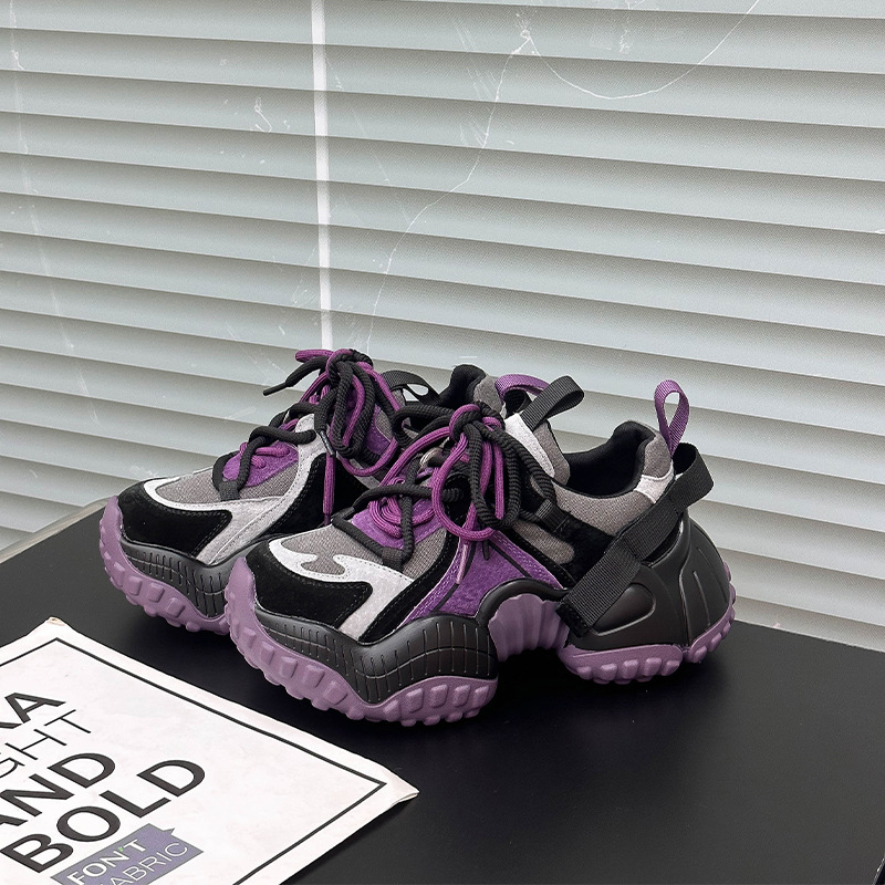 欧货磨砂真皮系带松糕厚底老爹鞋女2025新款小个子增高休闲运动鞋