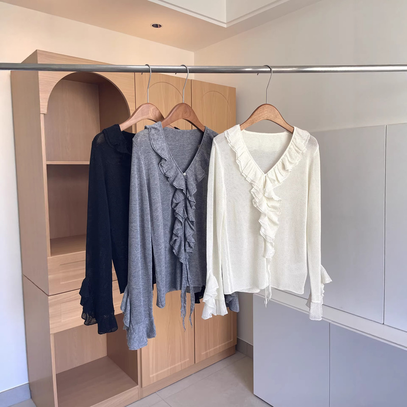 Shanghai Dan Nong Flagship Store/Autumn Hollow-Out Slightly Sheer Wool Knit Cardigan with Ruffled V-Neck Loose Fit Cover-Up Shanghai Dan Nong Flagship Store/Autumn Hollow-Out Slightly Sheer Wool Knit Cardigan with Ruffled V-Neck Loose Fit Cover-Up