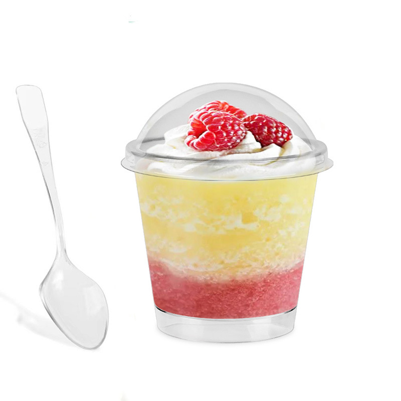 Taza de pudín con tapa, juego de cucharas, 50 tazas de salvado de madera, taza de mousse, pastel, taza de yogur, taza de plástico, postre de 200ml