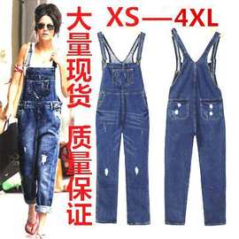 跨境wish外贸街头潮人背带裤女式牛仔裤破洞百搭吊带裤工时尚百搭