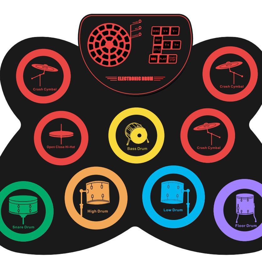 Tambor digital colorido para niños con bocina, instrumento musical con batería de litio incorporada, regalo de Navidad de silicona, tambor digital enrollado a mano