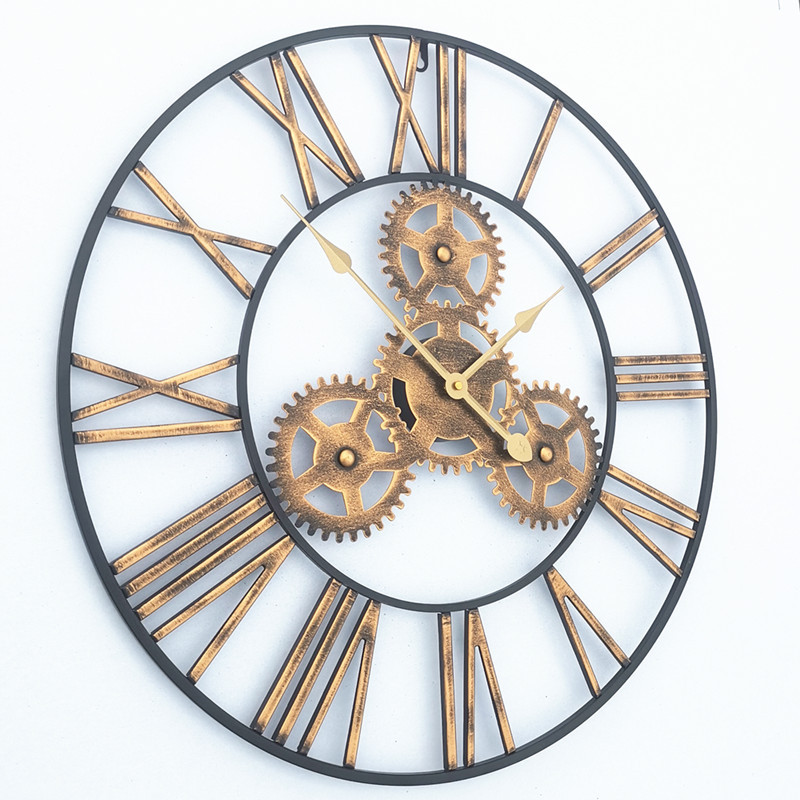 American Retro Industrial Style Metal Iron Roman Gear Wall Clock Living Room Wall Clock