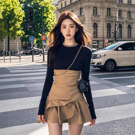 TZ4475法式圆领连衣裙秋季新款气质修身显瘦拼接设计感荷叶边短裙