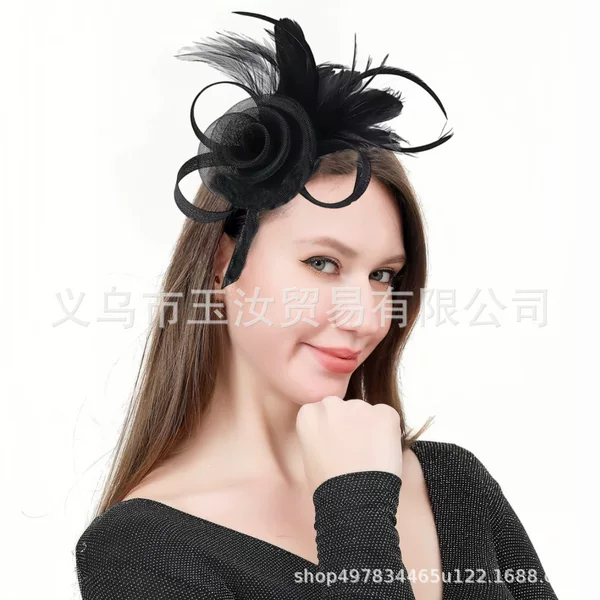 Amazon's New European and American Bridal Mesh Feather Headdress Horse Racing Festival Retro Headdress Performance Head Flower Hair Accessories Headband