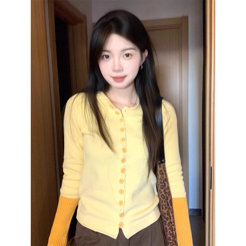 Dopamine Goose Yellow Contrasting Color Knitted Cardigan Women's Autumn and Winter Soft and Waxy Lazy Style Sweater Slim Bottoming Short Top