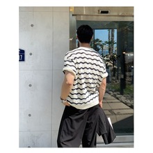 男士T恤短袖夏季潮牌设计感重工镂空针织衫提花波浪条纹体恤上衣