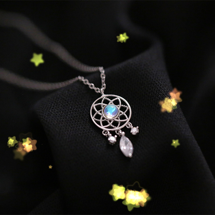 925 sterling silver Chain Material 925 Sterling Silver Moonstone Dreamcatcher Water Droplets Pendant Necklace