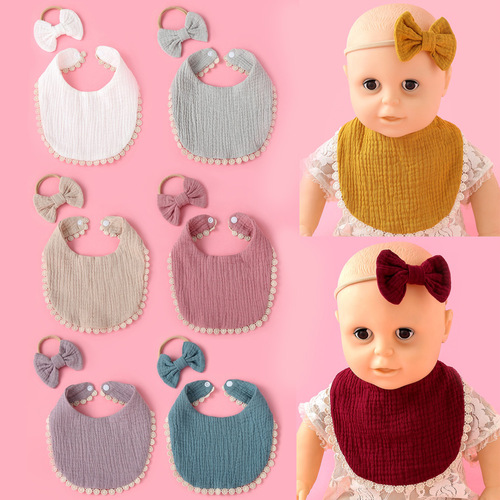 Baby saliva towel headband set Children's baby pure cotton gauze lace bib bib saliva bag combination