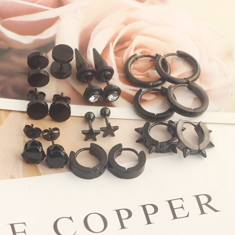 9 Pair Black Silver Zircon Earrings Round Barbell Earrings Men's Personality Cross-border Amazon Set detail image 9