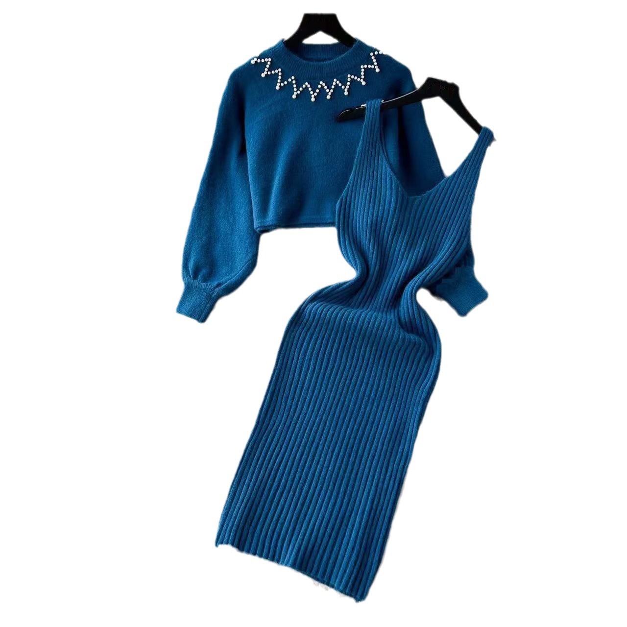 Women's Clothing temperament celebrity beaded high waist two piece sweater dress 2024 autumn and winter new knitted sweater suspender dress_voghion.com