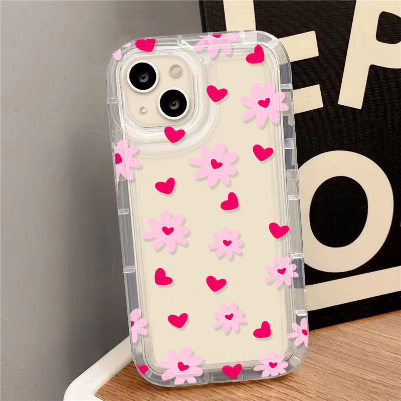 Pink Heart Flower Apple 15 Mobile Phone Case Iphone14Promax Transparent Soft Glue 13/12/11 Anti-Fall Xr