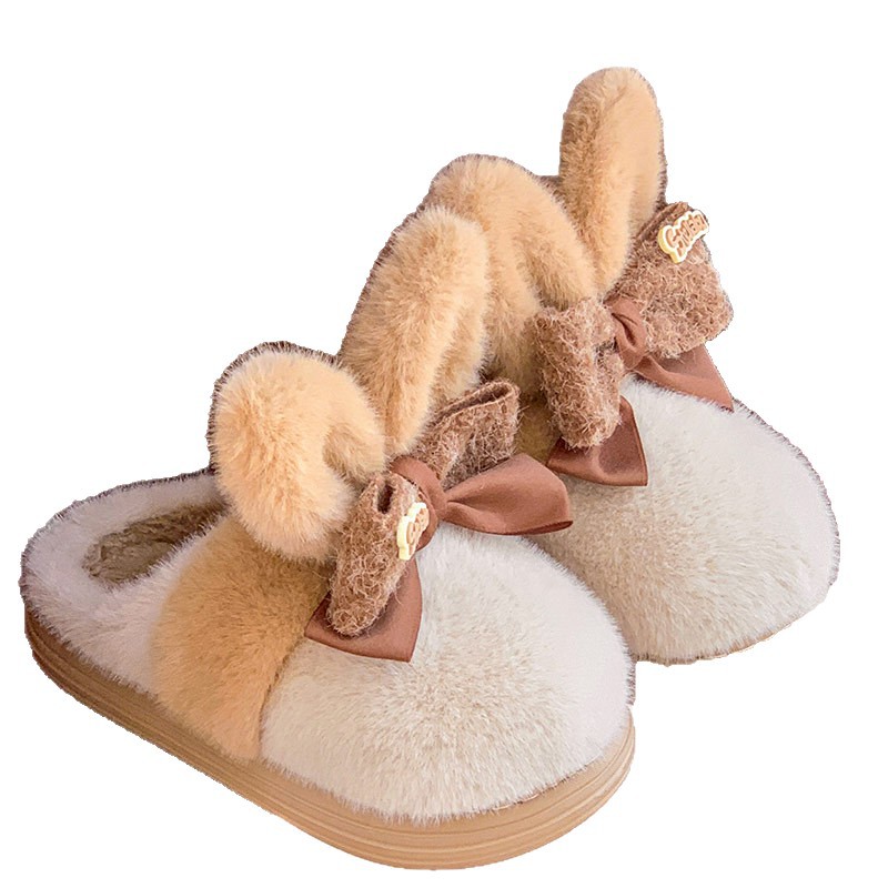 Sin impuestos) invierno nuevo tipo de orejas grandes lindos conejos arco zapatos de mujer para usar en el hogar grueso calentamiento suela suave