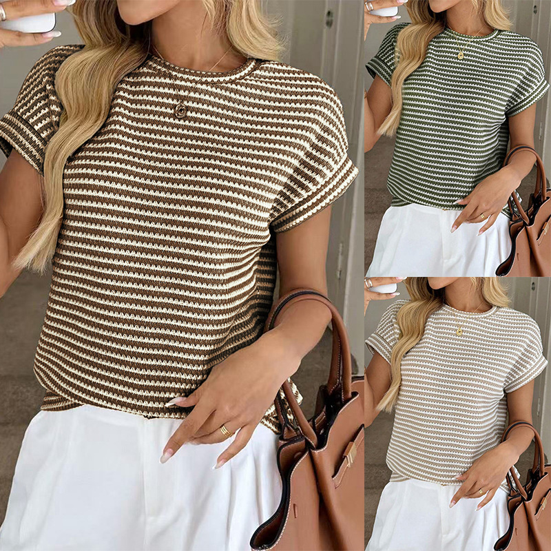 European and American Cross-Border Amazon Tiktok 2026 Summer New Women's Round-Neck Pullover Two-Color Knitted Short-Sleeve Top