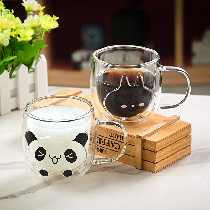 Hermosas tazas de vidrio de doble capa, tazas de menú aisladas de alto silicio con mango, tazas de agua de oficina doméstica, tazas de desayuno, tazas de café