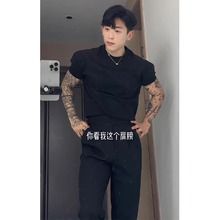 黑色短袖男款性张力穿搭纯棉t恤cleanfit美式五分半袖夏季纯棉衣