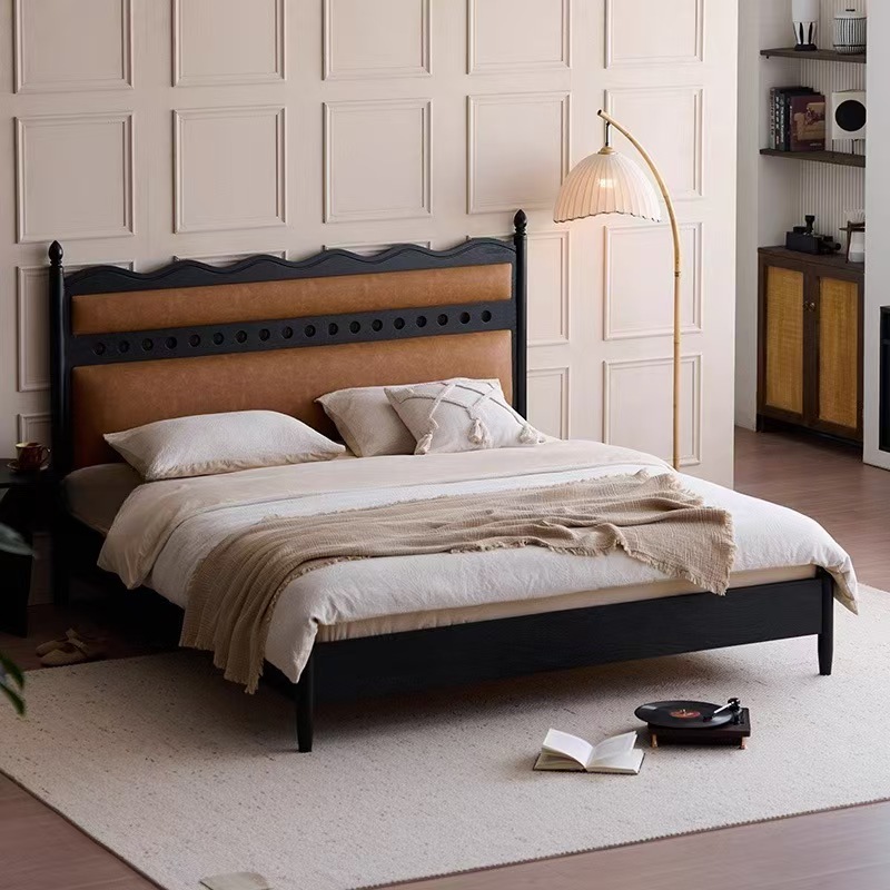 Solid Wood Bed, Antique Ash Wood, Black Light French Style, 1.8m Bed, Home Use, Double Floor-Standing Upholstered Leather Art Bed