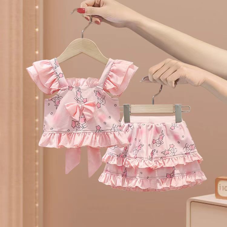 Children's Rabbit Print Two-Piece Swimsuit with Flying Sleeves, Large Bow, and Ruffles, Sweet Style Swimwear for Girls, Manufacturer